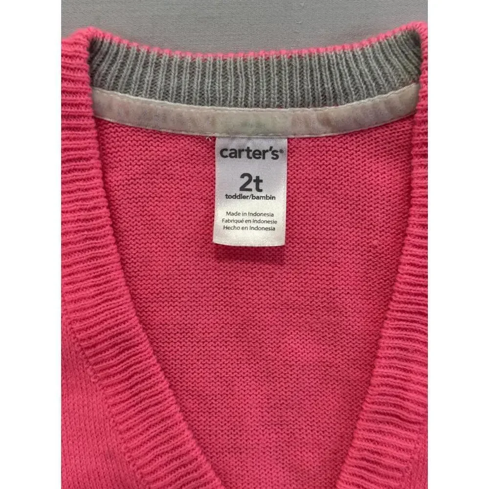 Carter's Cardigan Sweater Girls 2T Pink Knit Elbow Patch Pockets Button Front